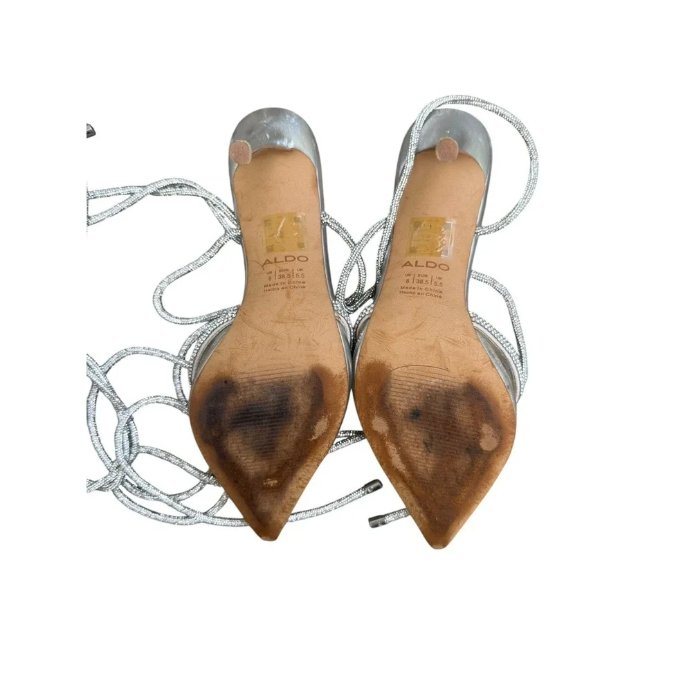 ALDO Silver Rhinestone Lace Up Heels 8 Pointed Toe PVC Bow Stiletto Pumps